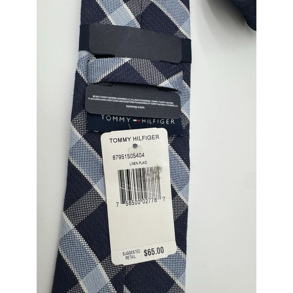 Tommy Hilfiger Linen Plaid Tie Blue Navy‎ White Check Classic Mens Necktie NWT